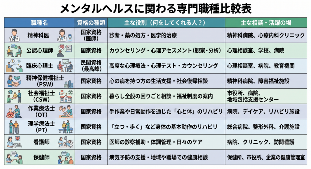 メンタルヘルスに関わる専門職比較表