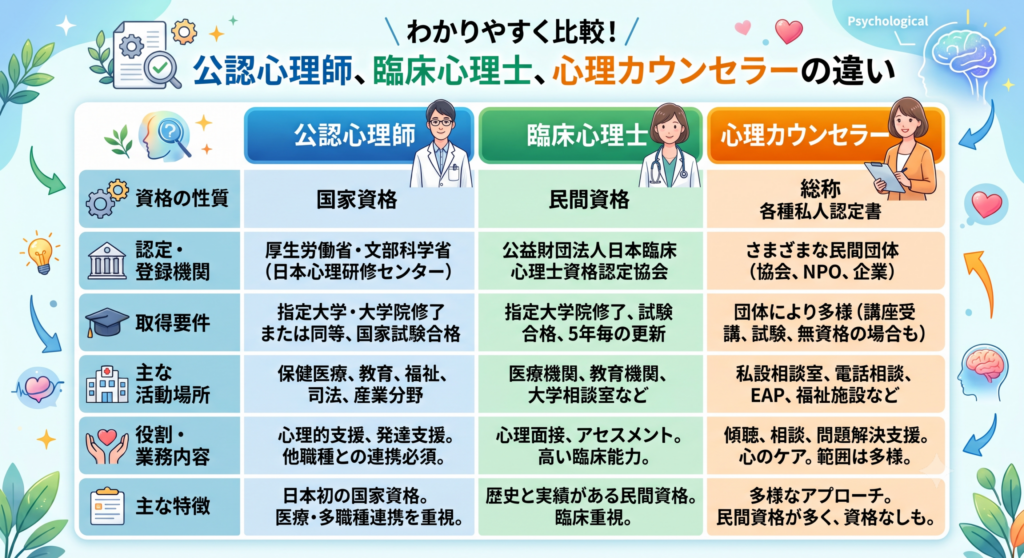 公認心理師、臨床心理士、心理カウンセラーの違い