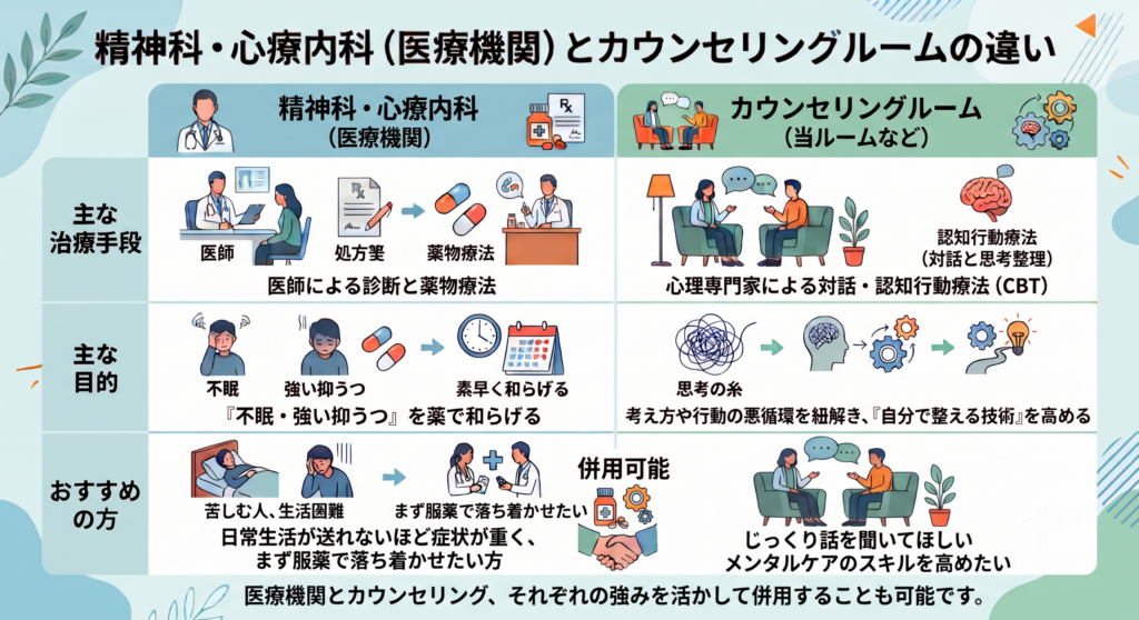 精神科・心療内科（医療機関）とカウンセリングルームの違い